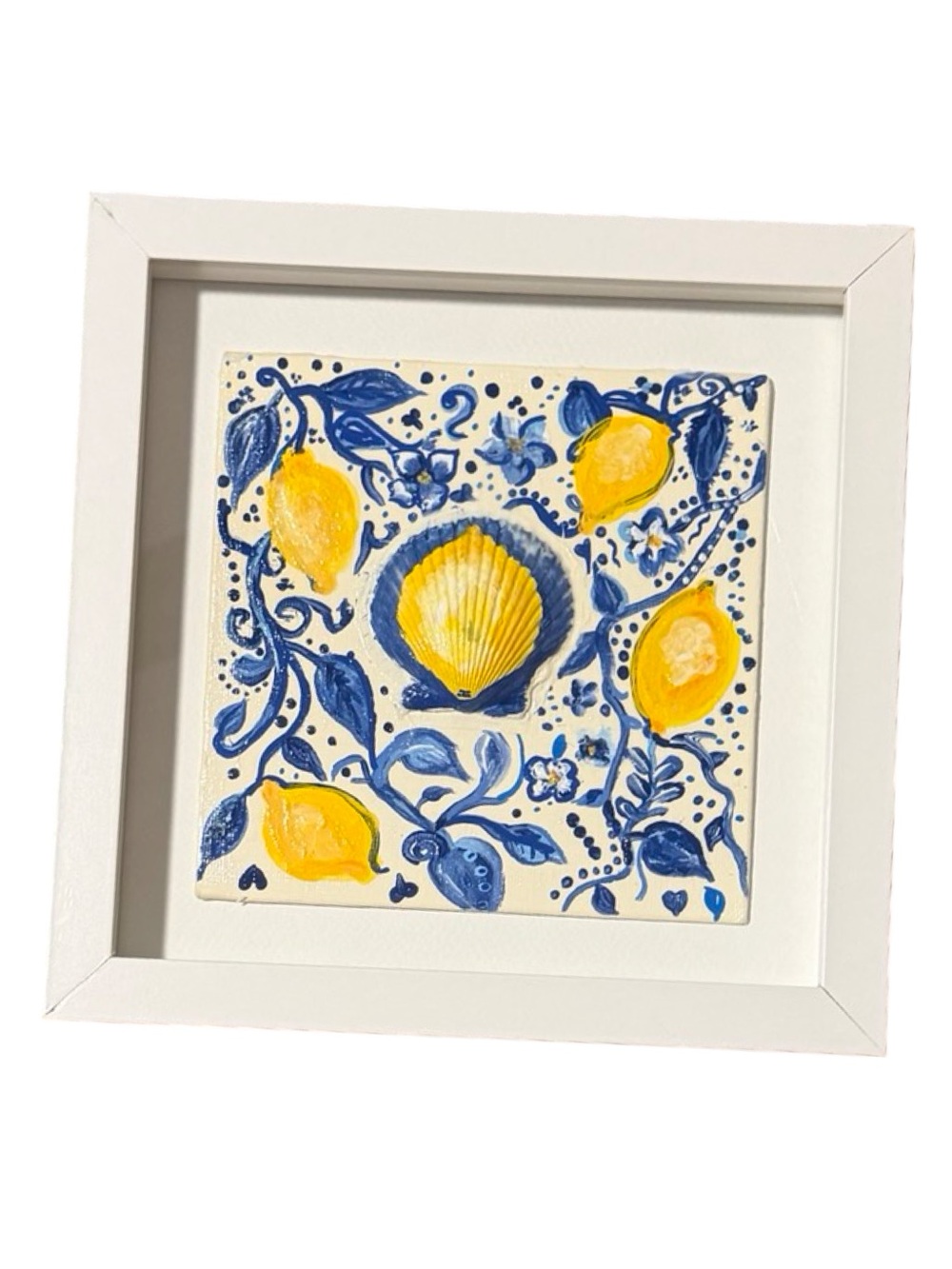 Handmade Lemon Scallop Shell Framed Coastal Wall Art Blue White Mediterranean